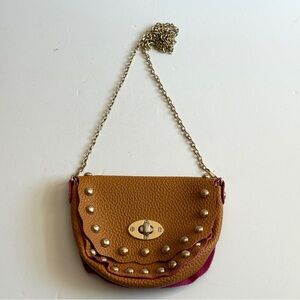 Women's Small Brown Grained Crossbody Studded Tan Chain Shoulder Bag Mini